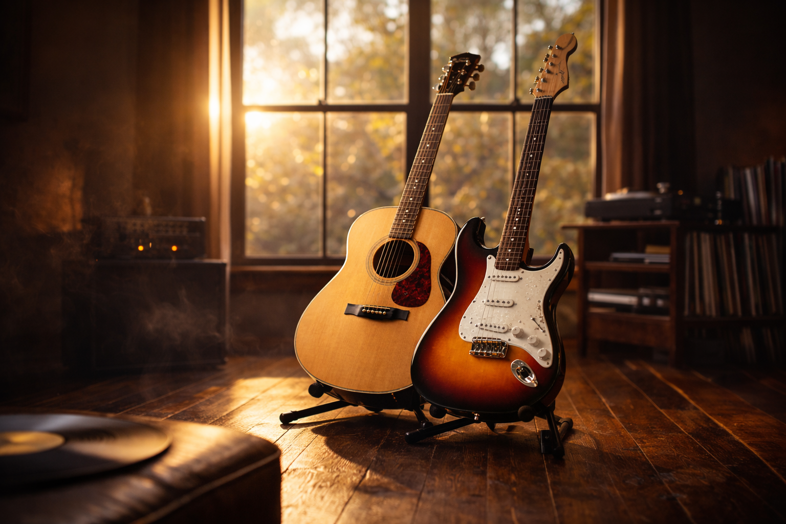 Acoustic and electric guitars in warm studio light